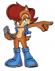 Size: 1521x1961 | Tagged: safe, artist:jadepesky, nicole the handheld, sally acorn, chipmunk, 2026, female, holding something, lidded eyes, looking at viewer, pointing, sally's vest and boots, simple background, smile, solo, standing, style emulation, uekawa style, white background
