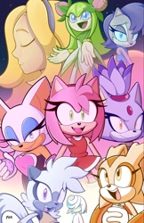 Size: 1326x2048 | Tagged: safe, artist:fernsstories, amy rose, blaze the cat, cosmo the seedrian, cream the rabbit, maria robotnik, rouge the bat, sage, sally acorn, tangle the lemur, bat, cat, chipmunk, hedgehog, human, lemur, rabbit, seedrian, sonic frontiers, 2026, artificial intelligence, eyes closed, female, group, holding something, looking at viewer, looking back, looking offscreen, open smile, sally's vest and boots, smile, smiling at viewer, star (sky)