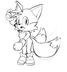 Size: 1160x1242 | Tagged: safe, artist:anitwenty, miles "tails" prower, 2023, black and white, explicit source, line art, looking at viewer, monochrome, mouth open, simple background, smile, solo, standing, white background