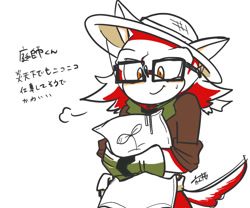 Size: 1200x1000 | Tagged: safe, artist:aoshibazakura95, gadget the wolf, wolf, comic:tenebrae, 2025, alternate universe, bag, hat, holding something, japanese text, simple background, smile, solo, white background