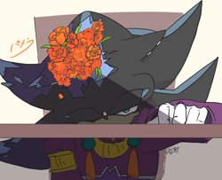 Size: 1144x927 | Tagged: safe, artist:aoshibazakura95, mephiles the dark, comic:tenebrae, alternate outfit, alternate universe, flower, japanese text, lidded eyes, looking at viewer, one eye closed, simple background, solo