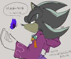Size: 1200x1000 | Tagged: safe, artist:aoshibazakura95, mephiles the dark, comic:tenebrae, 2024, alternate outfit, alternate universe, butterfly, grey background, japanese text, lidded eyes, literal animal, simple background, solo