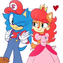 Size: 2000x2000 | Tagged: safe, artist:yoshiyoshi700, sally acorn, sonic the hedgehog, chipmunk, hedgehog, 2020, clothes, cosplay, duo, female, hat, heart, looking at them, looking at viewer, male, mario, sally x sonic, shipping, simple background, straight, white background, wink