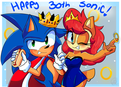 Size: 2800x2000 | Tagged: safe, artist:yoshiyoshi700, sally acorn, sonic the hedgehog, chipmunk, hedgehog, 2021, anniversary, cape, celebration, crown, duo, english text, female, food, grin, holding something, hot dog, king sonic, looking at viewer, male, queen sally acorn, ring, sally x sonic, shipping, smile, straight, tiara, wink