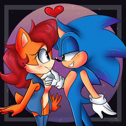 Size: 2000x2000 | Tagged: safe, artist:yoshiyoshi700, sally acorn, sonic the hedgehog, chipmunk, hedgehog, 2021, blushing, duo, female, grin, hand on another's chin, heart, looking at each other, male, redraw, sally x sonic, sally's vest and boots, shipping, simple background, smile, smiling at each other, sparkles, standing, straight