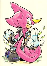 Size: 1405x1966 | Tagged: safe, artist:rikoandtako, espio the chameleon, 2026, from behind, leaf, looking back, looking back at viewer, signature, simple background, solo, standing, traditional media