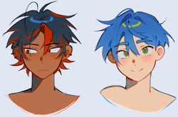 Size: 1862x1226 | Tagged: safe, artist:dollychoux, shadow the hedgehog, sonic the hedgehog, human, 2026, alternate hairstyle, blushing, duo, frown, grey background, headshot, humanized, looking at viewer, looking away, simple background, smile