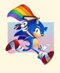 Size: 1675x2048 | Tagged: safe, artist:maira_noe_, sonic the hedgehog, 2026, flag, gay pride, holding something, lineless, pride, pride flag, pride month, progress pride, running, signature, smile, solo