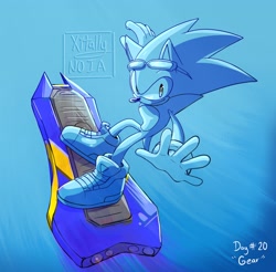 Size: 2048x2012 | Tagged: safe, artist:xitally_99, sonic the hedgehog, 2026, 35 days sonic, arms out, extreme gear, gradient background, looking at viewer, monochrome, signature, smile, solo, sonic riders, speed lines