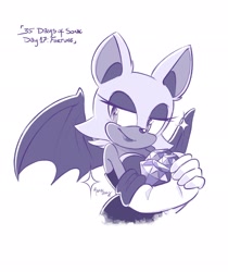 Size: 1721x2048 | Tagged: safe, artist:maira_noe_, rouge the bat, 2026, 35 days sonic, chaos emerald, english text, hands together, holding something, lidded eyes, looking offscreen, monochrome, signature, simple background, smile, solo, sparkles, standing, text, white background