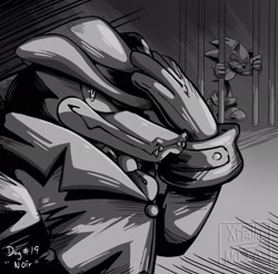Size: 2048x2012 | Tagged: safe, artist:xitally_99, sonic the hedgehog, vector the crocodile, 2026, 35 days sonic, clothes, coat, duo, greyscale, hat, holding something, jail, looking at viewer, monochrome, smile, solo focus, standing, sweatdrop, trench coat