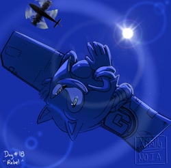 Size: 2048x2012 | Tagged: safe, artist:xitally_99, sonic the hedgehog, sonic adventure 2, 2026, 35 days sonic, blue background, board, english text, falling, g.u.n logo, helicopter, lens flare, looking at viewer, mid-air, monochrome, redraw, signature, simple background, smile, solo, spot color, text, upside down