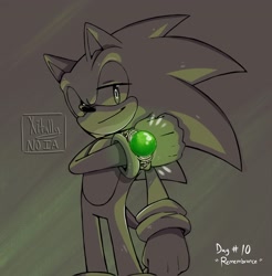 Size: 2014x2048 | Tagged: safe, artist:xitally_99, sonic the hedgehog, 2026, 35 days sonic, chip's necklace, clenched fists, english text, greyscale, looking at viewer, monochrome, signature, smile, solo, spot color, standing, text