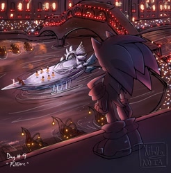 Size: 2014x2048 | Tagged: safe, artist:xitally_99, sonic the hedgehog, human, sonic the hedgehog (2006), 2026, boat, english text, from behind, group, light, nighttime, outdoors, signature, soleanna castle town, solo focus, standing, text, water