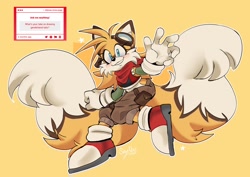 Size: 2048x1447 | Tagged: safe, artist:piko_nae, miles "tails" prower, 2026, bandana, blushing, clothes, eyelashes, gender swap, goggles, goggles on head, looking at viewer, outline, signature, simple background, smile, solo, star (symbol), yellow background