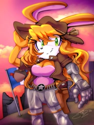 Size: 2064x2752 | Tagged: safe, artist:jovialnightz, bunnie rabbot, rabbit, 2026, afternoon, cloud, female, hat, jacket, looking at viewer, roboticized, ruins, smile, smiling at viewer, solo