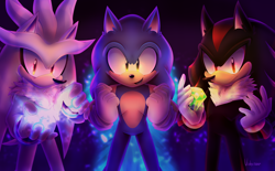 Size: 6300x3900 | Tagged: safe, artist:violetstardoesart, shadow the hedgehog, silver the hedgehog, sonic the hedgehog, hedgehog, 2023, chaos emerald, dark background, glowing, holding something, looking at viewer, male, open smile, psychokinesis, smile, smiling at viewer, trio