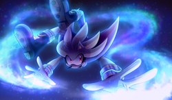 Size: 4356x2550 | Tagged: safe, artist:violetstardoesart, silver the hedgehog, hedgehog, 2022, dark background, floating, glowing, happy, looking offscreen, male, psychokinesis, solo