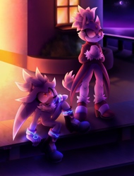 Size: 4000x5265 | Tagged: safe, artist:violetstardoesart, blaze the cat, silver the hedgehog, cat, hedgehog, 2022, blaze x silver, building, duo, female, glowing, lights, looking up, male, moon, nighttime, open smile, redraw, shipping, sitting, smile, standing, stargazing, straight