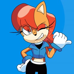 Size: 2048x2048 | Tagged: safe, artist:mdvoltage_, sally acorn, chipmunk, 2026, blue background, female, grin, looking at viewer, pointing, sally's ringblader outfit, simple background, smile, smiling at viewer, solo, watermark, wink