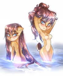 Size: 1687x2048 | Tagged: suggestive, artist:gummierat, sally acorn, chipmunk, 2026, female, hands behind head, long hair, looking at viewer, looking back, looking back at viewer, naked, simple background, smile, smiling at viewer, solo, standing, washing, water, wet, white background