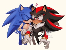 Size: 2048x1576 | Tagged: safe, artist:annaisha_h0shi, shadow the hedgehog, sonic the hedgehog, 2026, duo, eyelashes, gay, heart, kiss, kiss on cheek, shadow x sonic, shipping, simple background, standing, wagging tail, white background