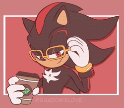 Size: 2047x1795 | Tagged: safe, artist:shadow3love, shadow the hedgehog, hedgehog, 2026, coffee, drink, glasses, holding something, lidded eyes, looking at viewer, male, signature, smile, smiling at viewer, solo