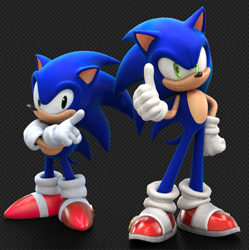 Size: 885x890 | Tagged: safe, artist:dancada, artist:dokatzo, artist:garbonzobeanguy, sonic the hedgehog, 2026, 3d, arms folded, checkered background, classic sonic, duo, hand on hip, looking at viewer, pointing, redraw, self paradox, smile, standing, thumbs up