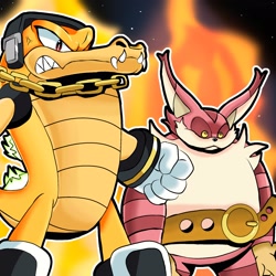 Size: 2048x2048 | Tagged: safe, artist:bigctor77, big the cat, vector the crocodile, 2026, aura, clenched fists, duo, frown, looking offscreen, outline, star (sky), super big, super form, super vector