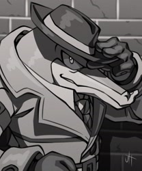 Size: 1707x2048 | Tagged: safe, artist:gamertimeartz, vector the crocodile, crocodile, 2026, 35 days sonic, brick wall, clothes, coat, fedora, greyscale, hat, looking at viewer, male, monochrome, signature, smile, solo, trench coat