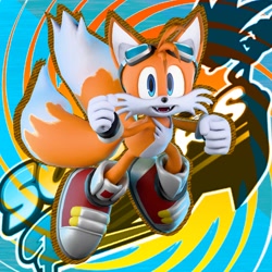 Size: 2048x2048 | Tagged: safe, artist:danthedj12, miles "tails" prower, fox, 2026, 3d, abstract background, clenched fists, fangs, looking at viewer, male, mouth open, smile, solo, sonic riders