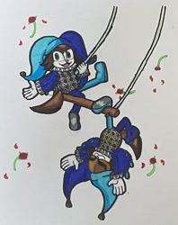 Size: 1618x2048 | Tagged: safe, artist:snk_lrd, 2026, duality, flower, lunar the suger glider, nonbinary, rose, smile, soleil the sugar glider, solo, solo nonbinary, sugar glider, swing, swinging, traditional media