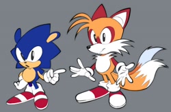 Size: 1528x998 | Tagged: safe, artist:yundems, miles "tails" prower, sonic the hedgehog, 2026, age swap, classic sonic, classic tails, duo, flat colors, fur markings, grey background, looking at viewer, mouth open, pointing, redraw, role swap, simple background, smile, standing