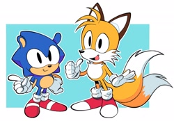 Size: 1780x1236 | Tagged: safe, artist:yundems, miles "tails" prower, sonic the hedgehog, 2025, age swap, classic sonic, classic tails, duo, fur markings, looking at viewer, outline, pointing, role swap, smile, standing