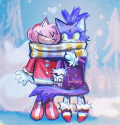 Size: 1098x1146 | Tagged: safe, artist:amydaily, amy rose, blaze the cat, 2026, amy x blaze, amybetes, blazebetes, blushing, coat, cute, duo, heart, holding hands, lesbian, scarf, sharing a scarf, shipping, smile, snow, snowing, standing, winter, winter outfit