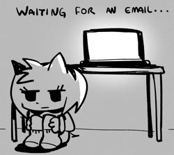 Size: 1037x923 | Tagged: safe, artist:amydaily, amy rose, 2026, :|, amybetes, computer, cute, english text, grey background, line art, monochrome, simple background, sitting, sketch, solo, table, text