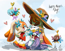 Size: 2048x1614 | Tagged: safe, artist:reezypuffz, cheese (chao), chocola (chao), cream the rabbit, vanilla the rabbit, chao, rabbit, 2026, cheeseabetes, chocolabetes, creamabetes, cute, dress, eyes closed, female, flower, group, hat, heart, kneeling, mother and child, mother and daughter, mother's day, quartet, ribbon, smile, standing, sun hat, vanillabetes