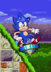 Size: 1219x1693 | Tagged: safe, artist:pastafrolas, sonic the hedgehog, marble garden zone, 2019, abstract background, balancing, classic sonic, clouds, daytime, grass, outdoors, solo, sonic the hedgehog 3, spinning top, worried