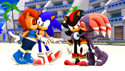 Size: 1920x1080 | Tagged: safe, artist:pixelrush, sally acorn, shade the echidna, shadow the hedgehog, sonic the hedgehog, chipmunk, echidna, hedgehog, 2026, 3d, beach, blender, building, daytime, double date, emerald coast, fat, fat sally acorn, female, hotel, hugging, kiss, kiss on cheek, male, palm tree, quartet, sally x sonic, sally's ringblader outfit, shadow x shade, shipping, standing, station square hotel, straight, tree