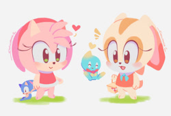 Size: 900x612 | Tagged: safe, artist:smallpanda, amy rose, cheese (chao), cream the rabbit, sonic the hedgehog, chao, hedgehog, rabbit, amybetes, animal crossing, cheeseabetes, creamabetes, dress, emanata, eyes closed, female, heart, male, smile, standing, style emulation, trio
