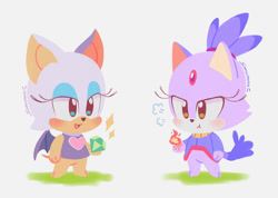 Size: 900x639 | Tagged: safe, artist:smallpanda, blaze the cat, rouge the bat, bat, cat, animal crossing, blazebetes, blushing, chaos emerald, cute, dress, duo, duo female, female, fire, rougabetes, standing, style emulation