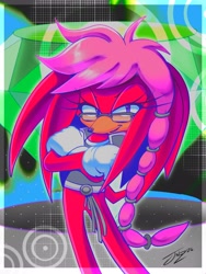 Size: 2064x2752 | Tagged: safe, artist:jovialnightz, lara-su, echidna, 30 days sonic, 2026, abstract background, chaos emerald, female, glasses, looking at viewer, parent:julie-su, parent:knuckles, smile, smiling at viewer, solo