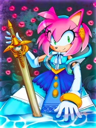 Size: 2064x2752 | Tagged: safe, artist:jovialnightz, amy rose, caliburn, nimue, hedgehog, 30 days sonic, sonic and the black knight, 2026, female, flower, looking at viewer, plant, smile, smiling at viewer, solo, sword, water, weapon