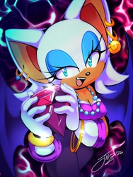 Size: 2064x2752 | Tagged: safe, artist:jovialnightz, rouge the bat, bat, 30 days sonic, 2026, abstract background, chaos emerald, ear piercing, female, holding something, jewelry, looking at viewer, necklace, open smile, piercing, ring (jewelry), smile, smiling at viewer, solo