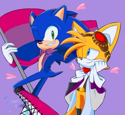 Size: 1264x1161 | Tagged: safe, artist:shadely_boom, miles "tails" prower, sonic the hedgehog, 2026, bisexual, bisexual pride, boots, demisexual, demisexual pride, duo, flag, gay, holding something, pride, pride flag, pride month, purple background, shipping, simple background, smile, sonic x tails, standing, wink