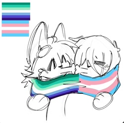 Size: 1080x1077 | Tagged: safe, artist:weeklykitails, kit the fennec, miles "tails" prower, 2026, duo, eyes closed, gay, kiss, kit x tails, line art, mlm pride, pride, pride month, scarf, sharing a scarf, sharing clothing, shipping, simple background, sketch, spot color, trans boy kit, trans male, trans pride, transgender, white background