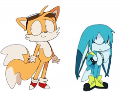 Size: 1400x1074 | Tagged: safe, artist:marswu_, kit the fennec, miles "tails" prower, 2026, cute, duo, eyewear on head, frown, goggles, goggles on head, kitabetes, looking at viewer, looking offscreen, simple background, smile, standing, style emulation, tailabetes, white background