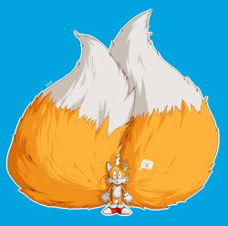 Size: 907x900 | Tagged: safe, artist:landtf8, miles "tails" prower, :o, blue background, cute, impossibly long tail, mouth open, outline, shrunken pupils, simple background, solo, standing, surprised, tailabetes