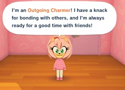 Size: 1211x872 | Tagged: safe, artist:nugget_pudding, amy rose, 2026, amybetes, blushing, cute, dialogue, english text, screencap, smile, solo, speech bubble, standing, text, tomodachi life:living the dream