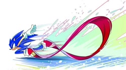 Size: 680x378 | Tagged: safe, artist:hyeon_sonic, sonic the hedgehog, hedgehog, looking offscreen, male, running, side view, smile, solo, super peel-out